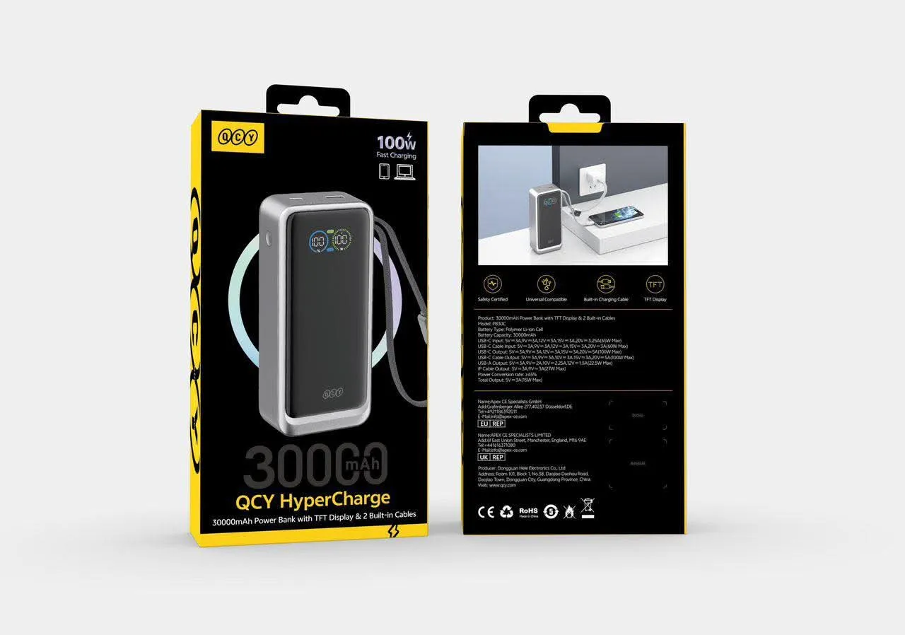 QCY PB30C HyperCharge 30000mAh Power Bank TFT digital display and built-in cables - selected variant