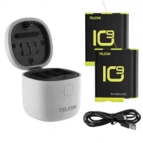 TELESIN GP BTR 905 GY ALLIN 3 Slot Charger Box And 2Pcs Batteries 1