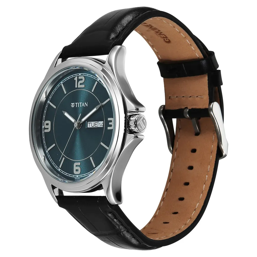 Titan Neo Arabic Analog with Day Date Teal Blue Dial Black Leather Strap Watch for Men