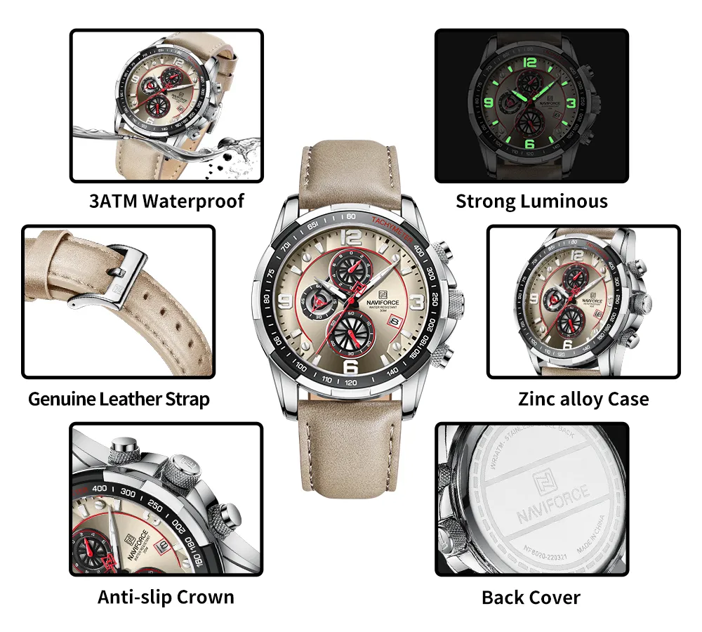 Naviforce NF8020 Leather Strap Sport Watch
