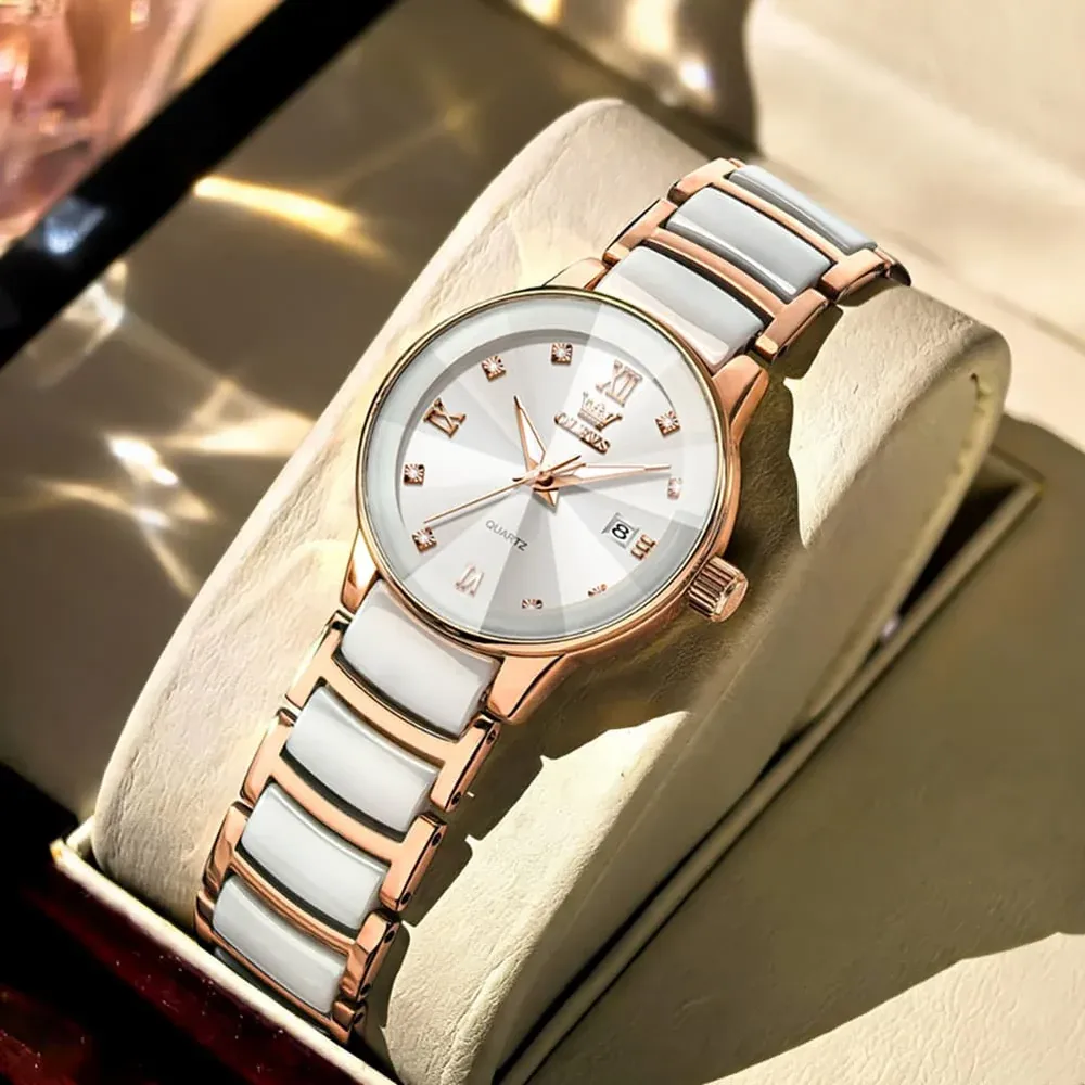 Olevs 7114 Ceramic Link Watch Couple Date Diamond Accent Quartz Luxury Timepiece For Men And Women Olevs 7114 W Rgwhite 1433386 1000x