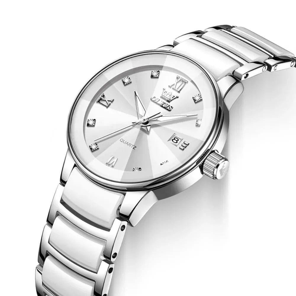 Olevs 7114 Ceramic Link Watch Couple Date Diamond Accent Quartz Luxury Timepiece For Men And Women Olevs 7114 W Swhite 5816479 1000x