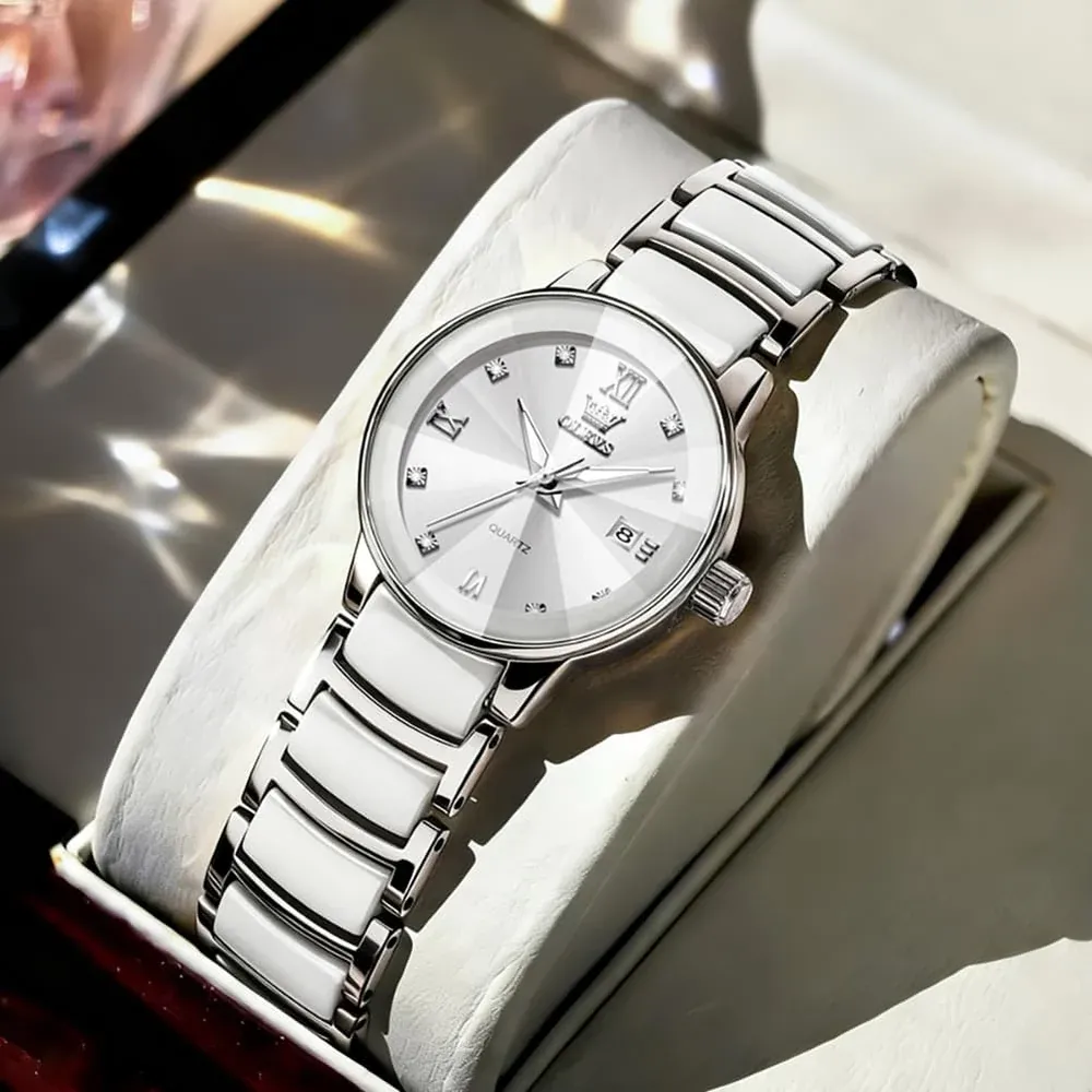 Olevs 7114 Ceramic Link Watch Couple Date Diamond Accent Quartz Luxury Timepiece For Men And Women Olevs 7114 W Swhite 8033046 1000x
