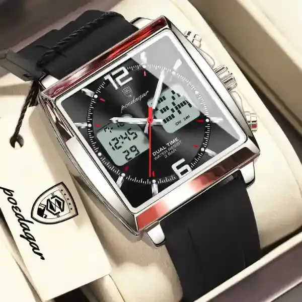 Poedagar 109 Dual Time Analog Digital Watch Silver Black