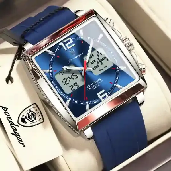 Poedagar 109 Dual Time Analog Digital Watch Silver Blue