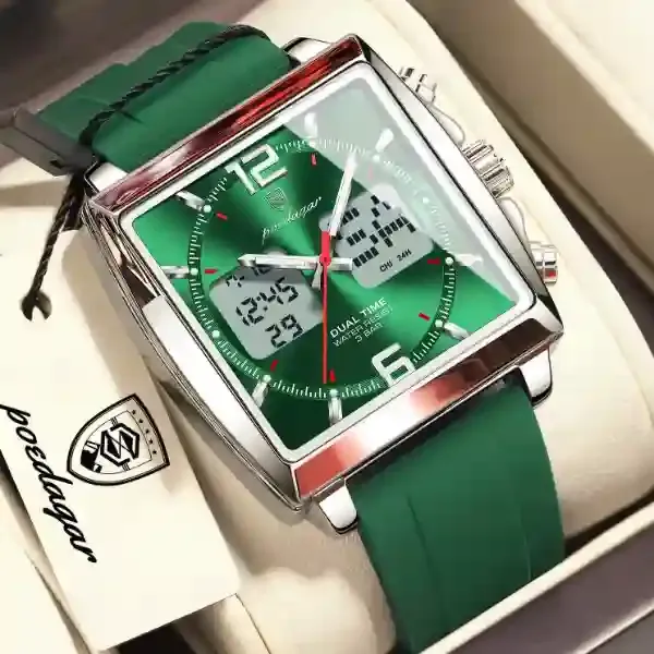 Poedagar 109 Dual Time Analog Digital Watch - Silver Green