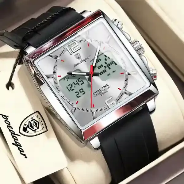 Poedagar 109 Dual Time Analog Digital Watch Silver White
