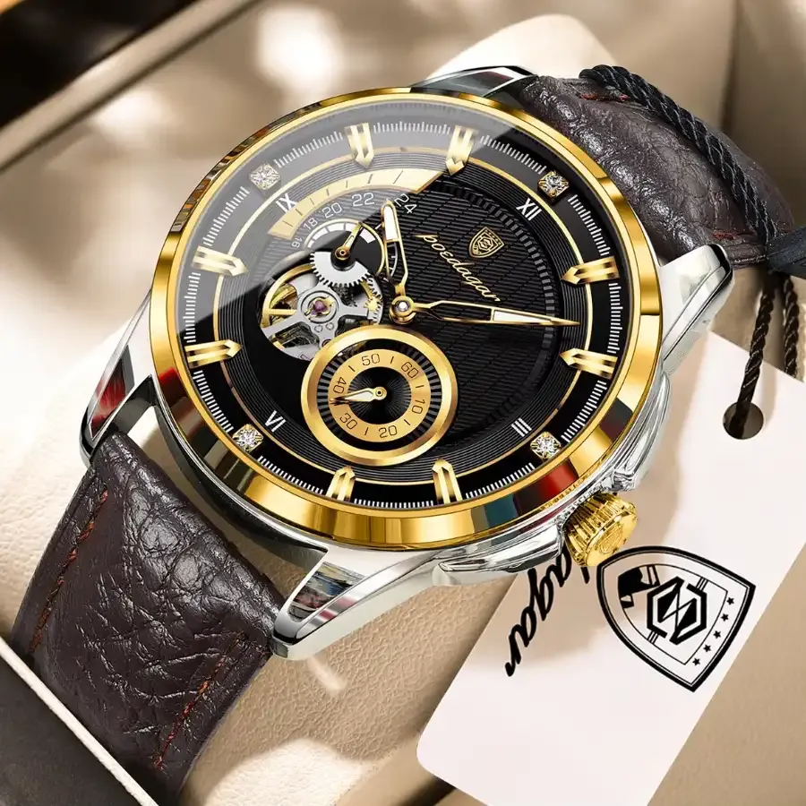 Poedagar 1427 Men's Automatics Leather Watch Gold Black