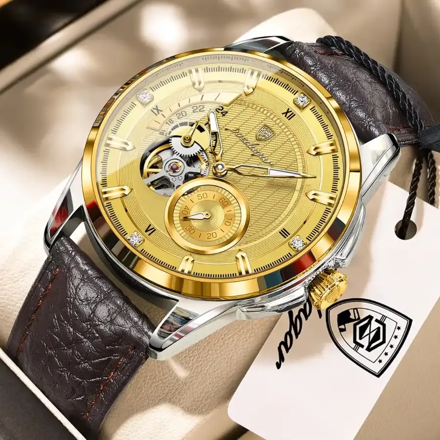 Poedagar 1427 Men's Automatics Leather Watch Gold White