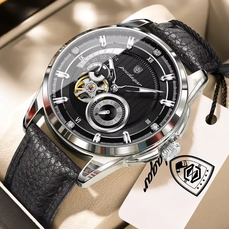 Poedagar 1427 Men's Automatics Leather Watch Silver Black