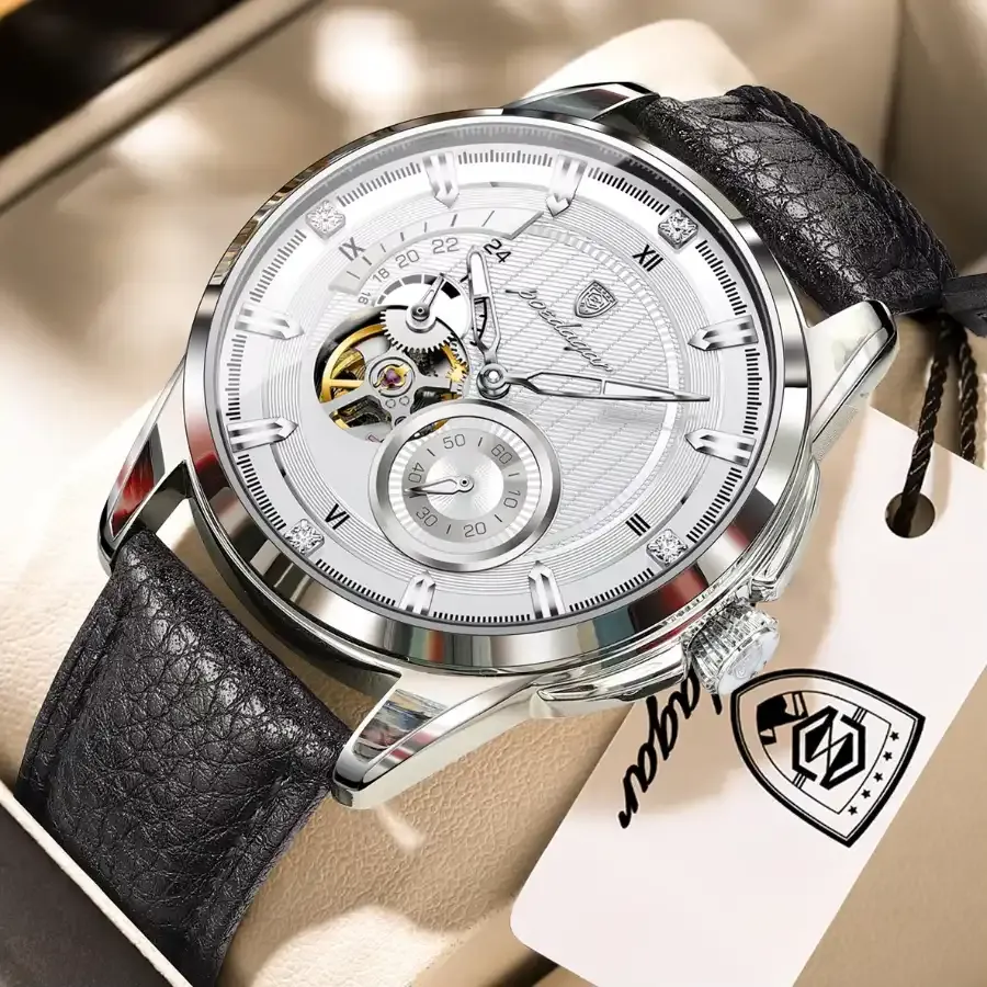Poedagar 1427 Men's Automatics Leather Watch Silver White