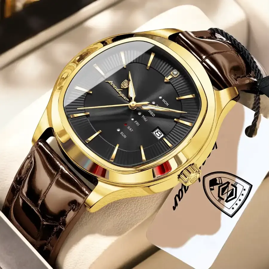 Poedagar 623 Men's Leather Watch Gold Black