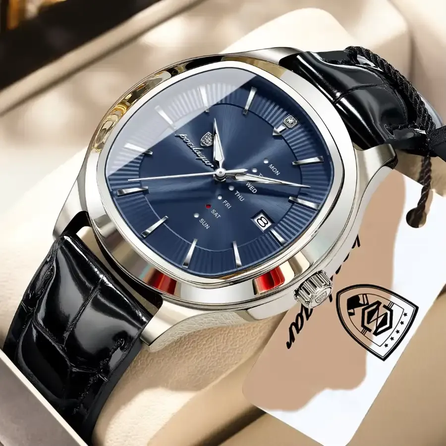 Poedagar 623 Men's Leather Watch Silver Blue