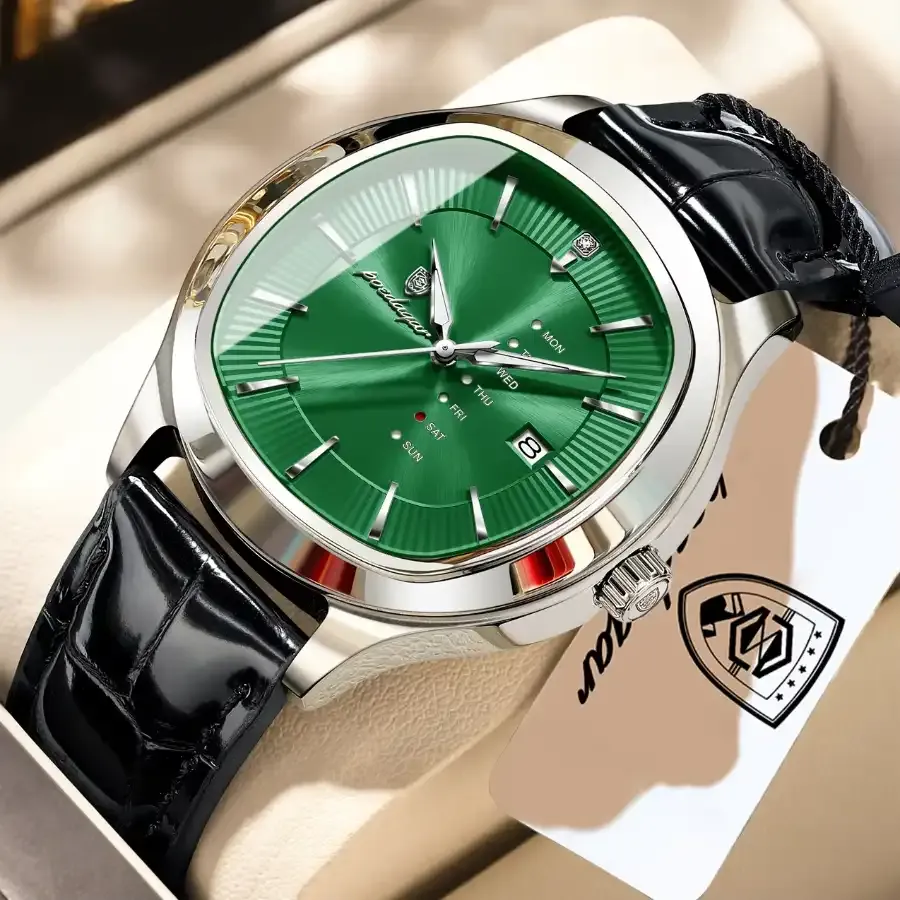 Poedagar 623 Men's Leather Watch Silver Green