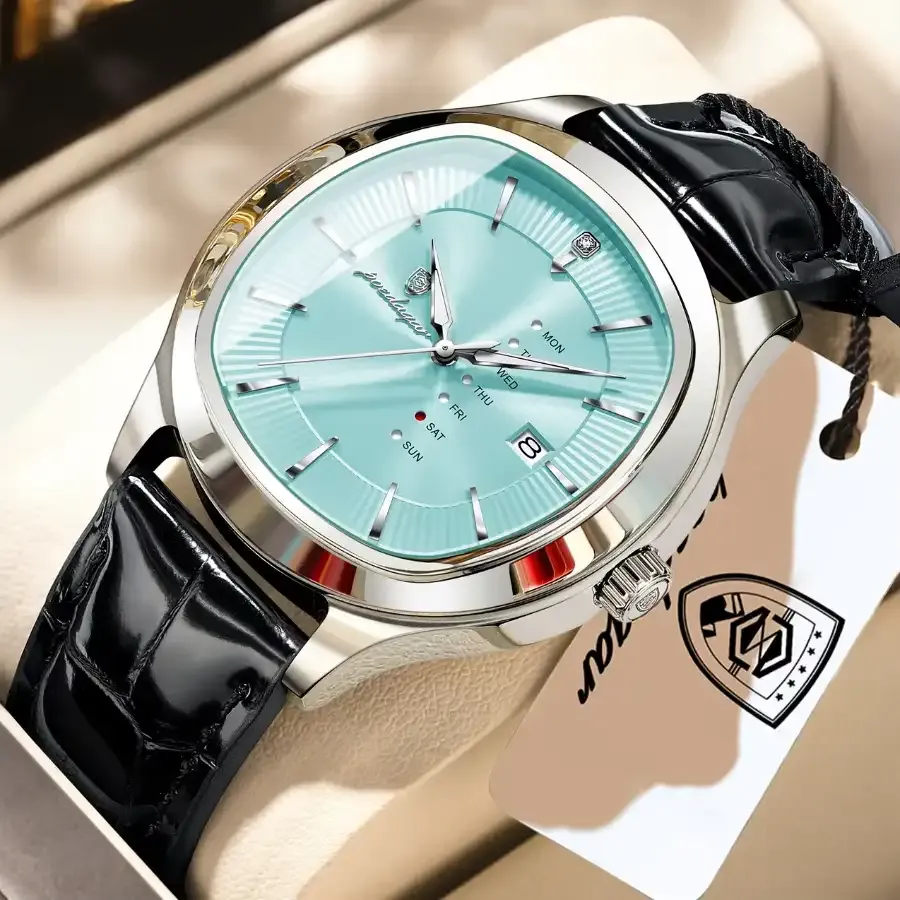 Poedagar 623 Men's Leather Watch Silver Mint Blue