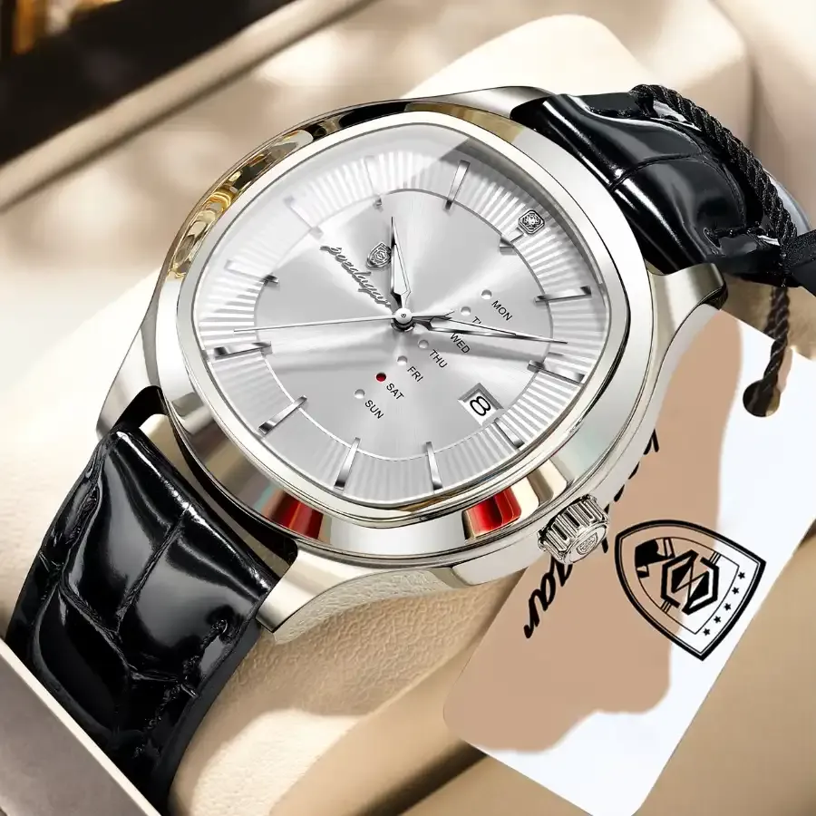 Poedagar 623 Men's Leather Watch Silver White