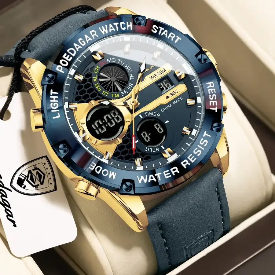 Poedagar E125 Dual Time Watch Gold Blue