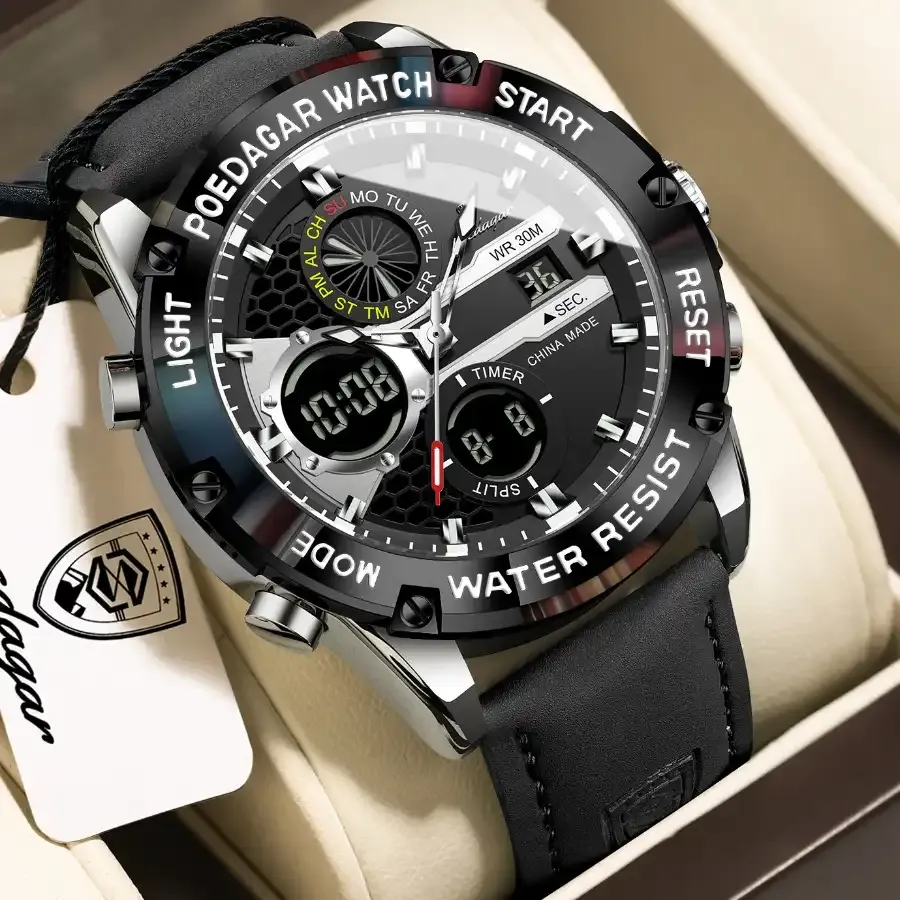 Poedagar E125 Dual Time Watch Silver Black