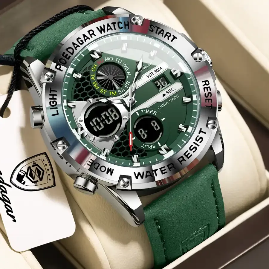 Poedagar E125 Dual Time Watch Silver Green